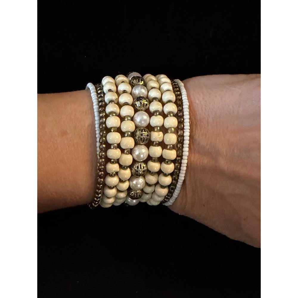 Boho Multi Strand Memory Wire Wrap Bracelet Cream Faux Pearl Gold Tone Beads